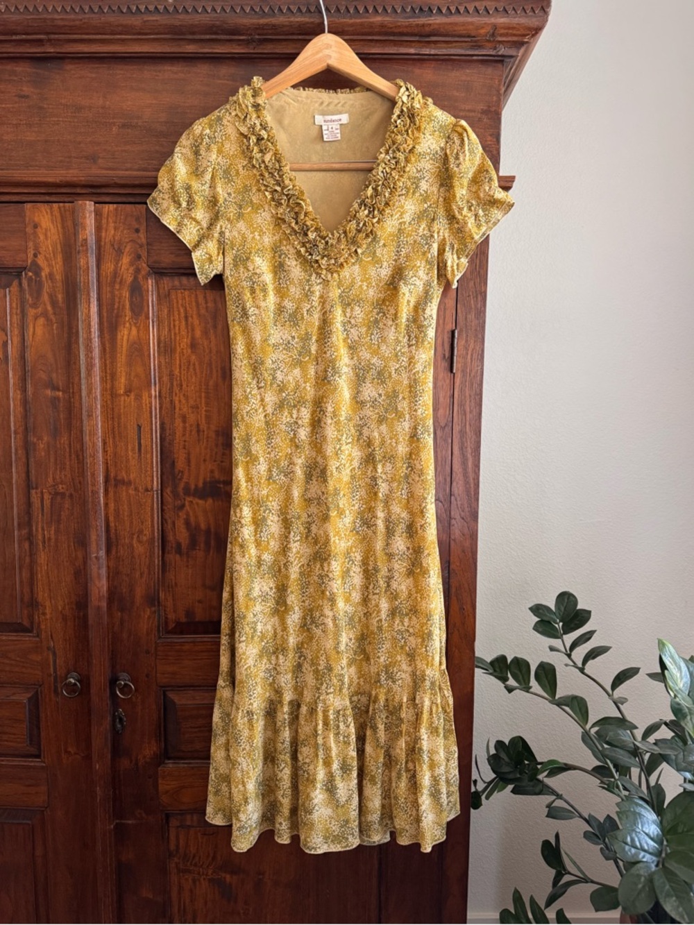 Sundance Silk Midi Dress Ruffle Neckline